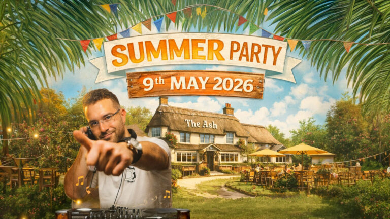 A Dj in front of a cartoon photo of The Ash pub in Stansted.